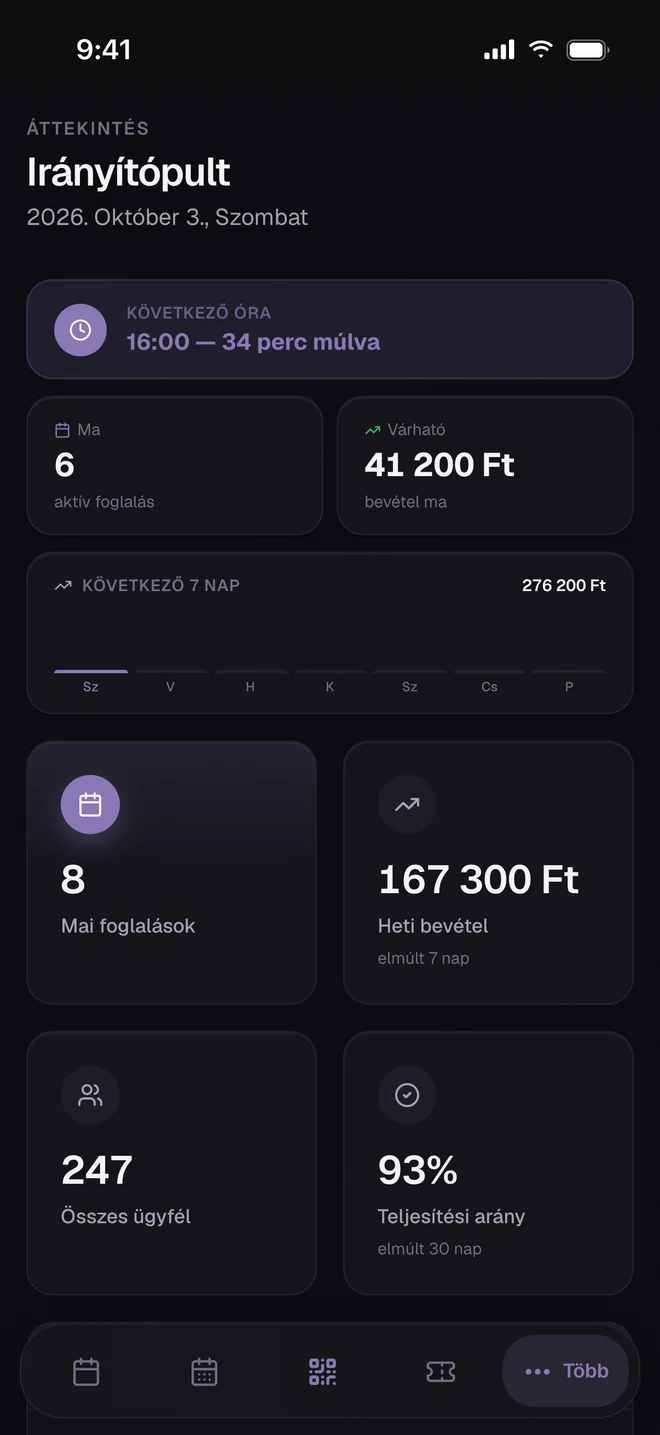 A Xenla admin app irányítópultja: következő óra, mai foglalások és várható bevétel