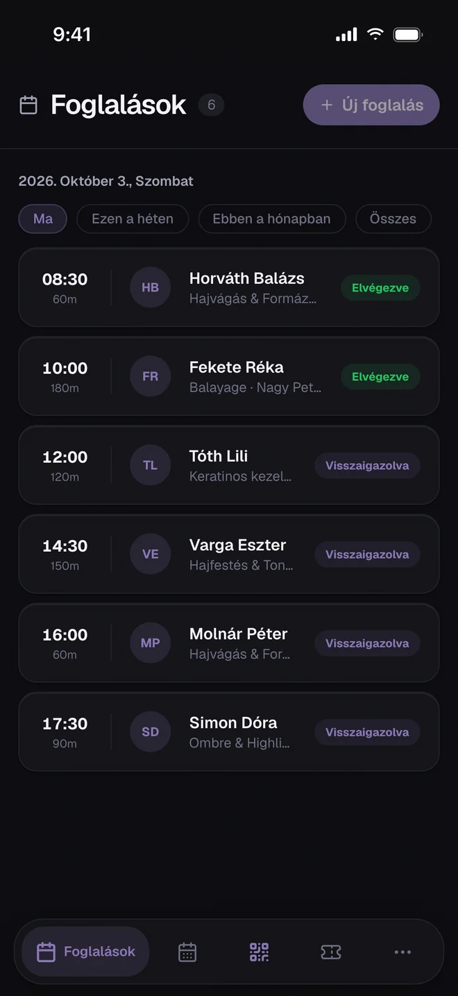 A Xenla admin app mai foglalásai: időpont, vendég, szolgáltatás és állapot egy listában