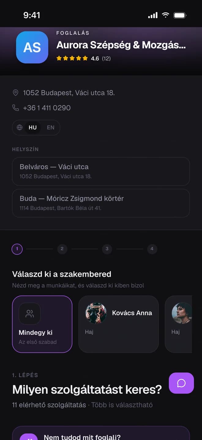 Xenla foglalóoldal telefonon: helyszín, szakemberválasztó fotóval és a foglalás lépései